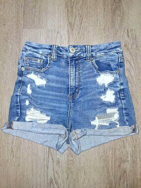 American Eagle Stretch Curvy Hi-Rise Shortie Shorts Size 4 Distressed Denim